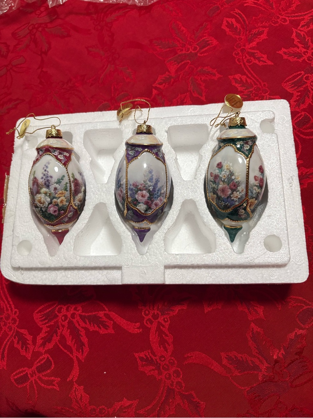 Vintage Porcelain Teardrop Christmas Ornaments - Red, Purple & Green